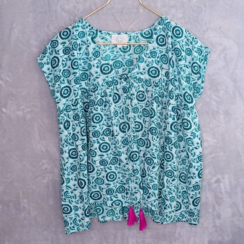 POMEGRANATE Green Jade Flower Tassel Top Sz L Block Print Boho Cotton Tie Front